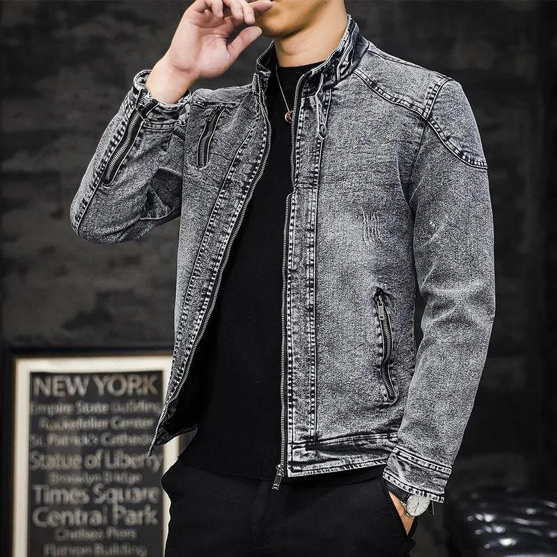 레트로 데님 코트 남성 봄과 가을 2023 새로운 트렌드 재킷 잘 생긴 패션 남성 의류 슬림 스탠드 칼라 탑